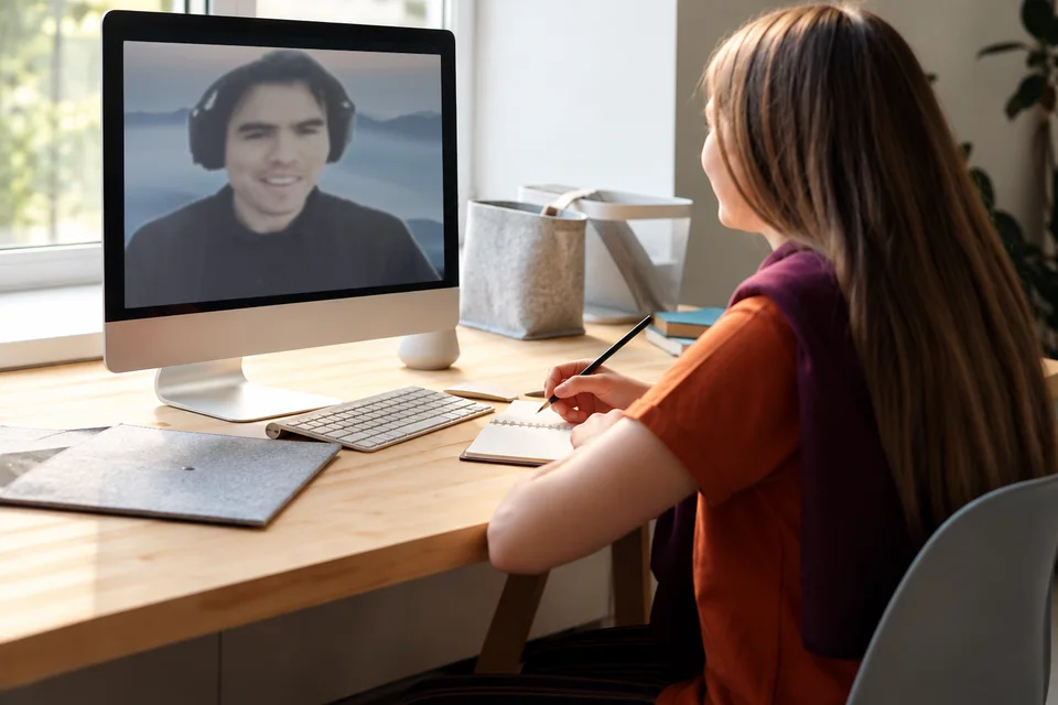 Estudiante recibiendo una clase individual de inglés online y tomando apuntes