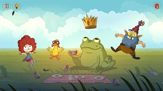 Escena de una aventura animada con una niña, un pato, una rana y una corona flotante