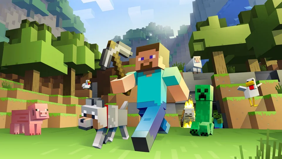 Ilustración de Minecraft con Steve y animales en un paisaje de bloques